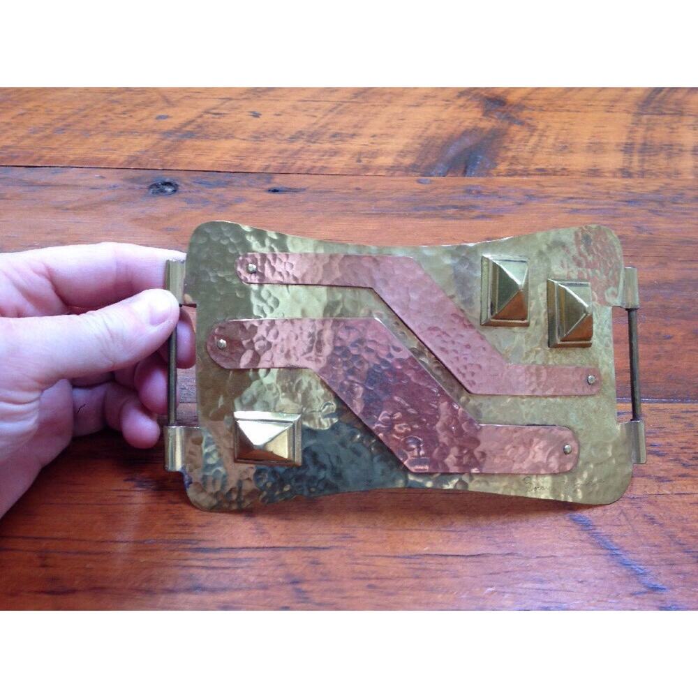 Vintage 80s Handmade Hammered Brass Copper Large Statement Belt Buckle SIGNED